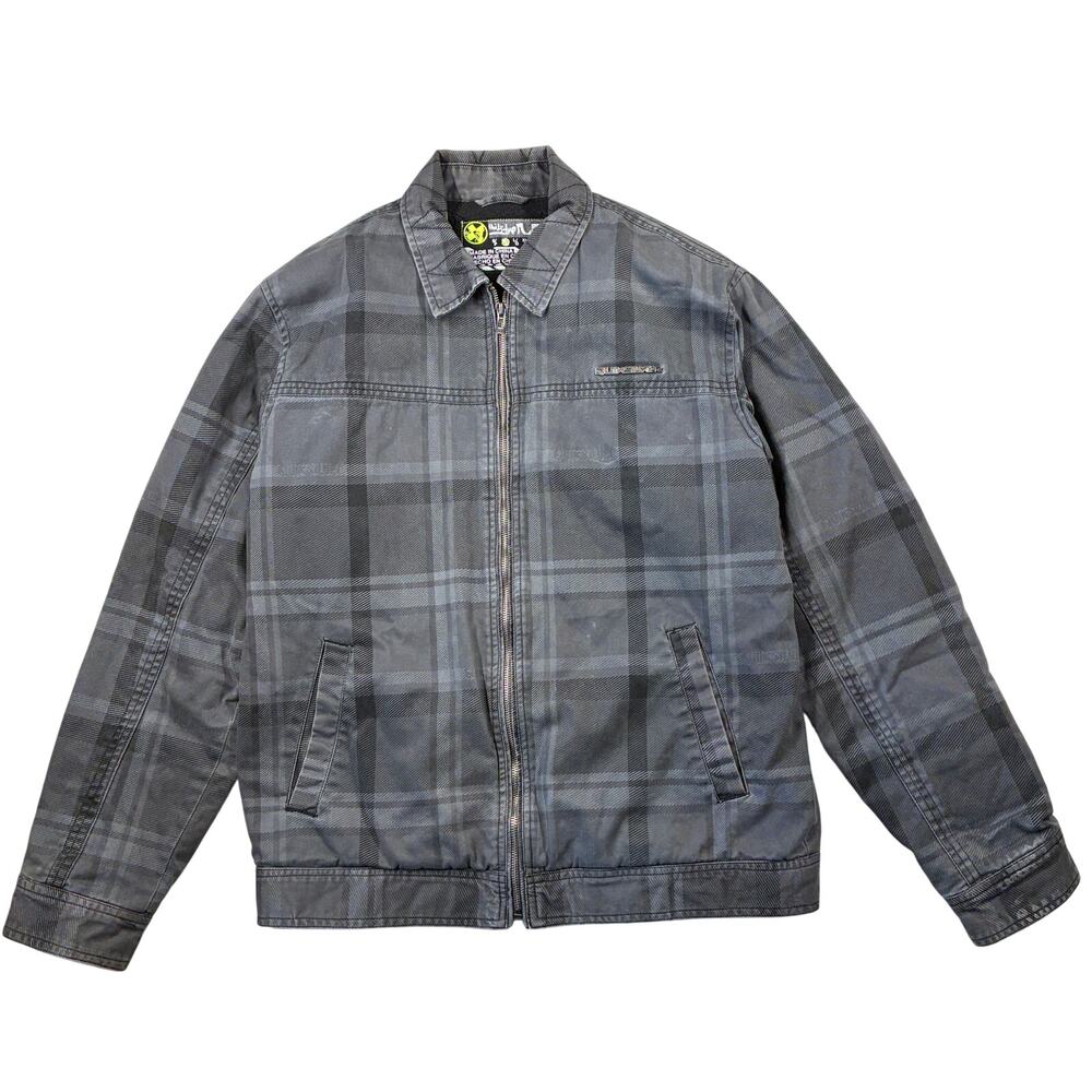 Y2k Quiksilver Jacket Mens Medium Gray/Black Plaid Full Zip Sherpa Fleece Lined